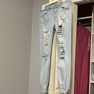 American Eagle Jeans Womens Sz 8 Light Blue Super Stretch Jean Distressed